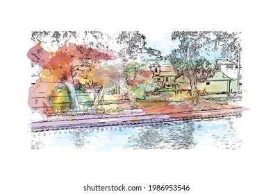 building view with landmark of Grand Island is a city in central Nebraska. Watercolor splash with hand drawn sketch illustration in vector.