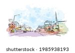 Building view with landmark of Grand Rapids is the 
city in Michigan. Watercolor splash with hand drawn sketch illustration in vector.