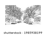 Building view with landmark of Grand Rapids is the 
city in Michigan. Hand drawn sketch illustration in vector.