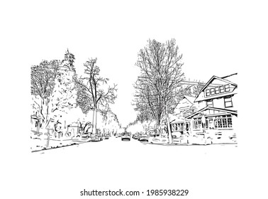 Building view with landmark of Grand Rapids is the 
city in Michigan. Hand drawn sketch illustration in vector.