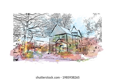 La vista de construcción con el punto de referencia de Grand Rapids es el 
ciudad de Michigan. Salto de color de agua con ilustración de esbozo dibujada a mano en vector.