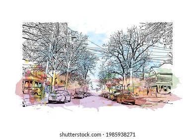 Building view with landmark of Grand Rapids is the 
city in Michigan. Watercolor splash with hand drawn sketch illustration in vector.