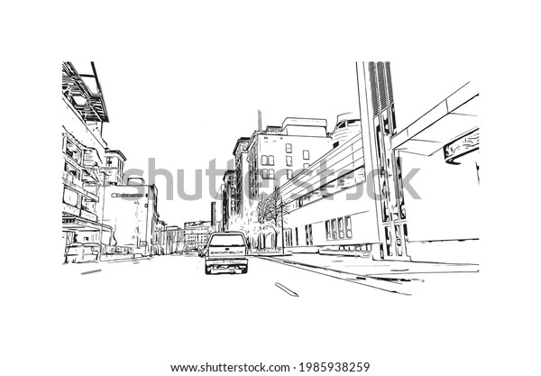 Building view with\
landmark of Grand Rapids is the \
city in Michigan. Hand drawn\
sketch illustration in\
vector.