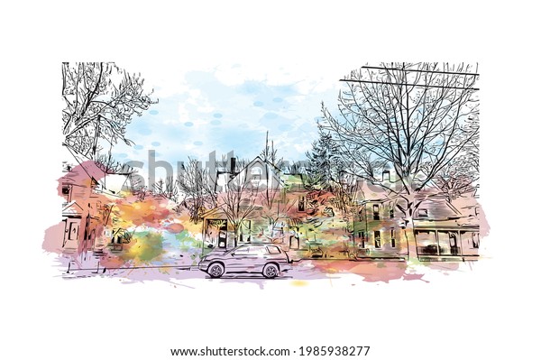 Building view with landmark of Grand Rapids is\
the \
city in Michigan. Watercolor splash with hand drawn sketch\
illustration in\
vector.