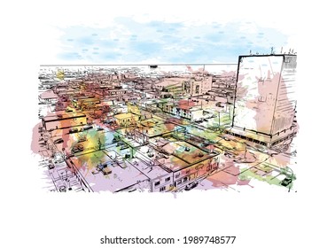 Building view with landmark of Grande Prairie is the 
city in Canada. Watercolor splash with hand drawn sketch illustration in vector.