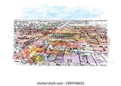 Building view with landmark of Grande Prairie is the 
city in Canada. Watercolor splash with hand drawn sketch illustration in vector.