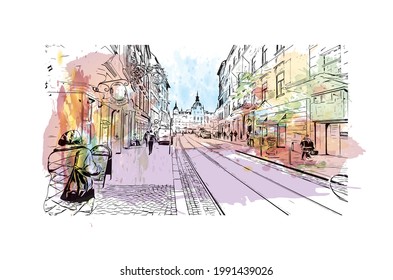 Building view with landmark of Graz is the 
city in Austria. Watercolor splash with hand drawn sketch illustration in vector.