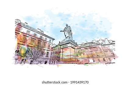 Building view with landmark of Graz is the 
city in Austria. Watercolor splash with hand drawn sketch illustration in vector.