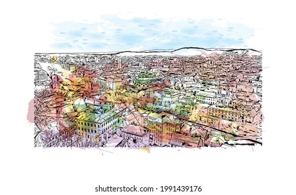 Building view with landmark of Graz is the 
city in Austria. Watercolor splash with hand drawn sketch illustration in vector.