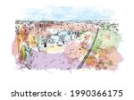 Building view with landmark of Great Falls is a city in Montana. Watercolor splash with hand drawn sketch illustration in vector. 