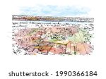 Building view with landmark of Great Falls is a city in Montana. Watercolor splash with hand drawn sketch illustration in vector. 
