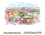 Building view with landmark of Great Falls is a city in Montana. Watercolor splash with hand drawn sketch illustration in vector. 