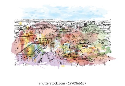 Building view with landmark of Great Falls is a city in Montana. Watercolor splash with hand drawn sketch illustration in vector. 