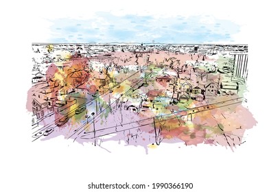 Building view with landmark of Great Falls is a city in Montana. Watercolor splash with hand drawn sketch illustration in vector. 