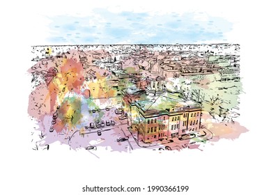 Building view with landmark of Great Falls is a city in Montana. Watercolor splash with hand drawn sketch illustration in vector. 