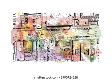 Building view with landmark of Greensboro is a city in North Carolina. Watercolor splash with hand drawn sketch illustration in vector.