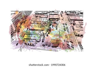 Building view with landmark of Greensboro is a city in North Carolina. Watercolor splash with hand drawn sketch illustration in vector.
