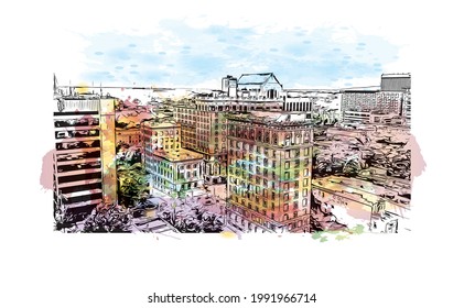 Building view with landmark of Greenville is a city in South Carolina. Watercolor splash with hand drawn sketch illustration in vector.