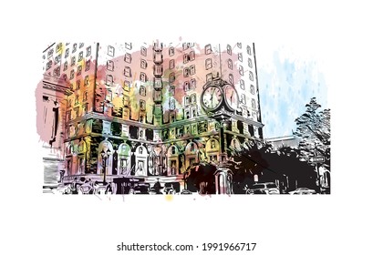 Building view with landmark of Greenville is a city in South Carolina. Watercolor splash with hand drawn sketch illustration in vector.