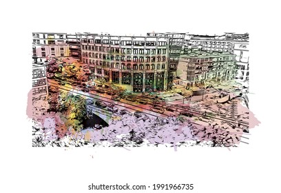 Building view with landmark of Greenville is a city in South Carolina. Watercolor splash with hand drawn sketch illustration in vector.