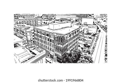 Building view with landmark of Greenville is a city in South Carolina. Hand drawn sketch illustration in vector.