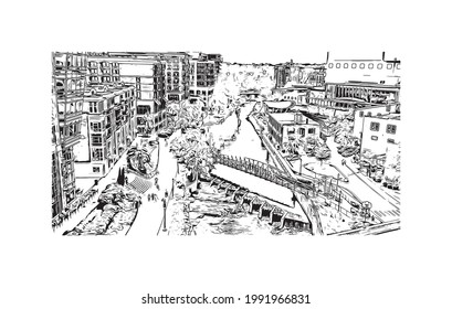 Building view with landmark of Greenville is a city in South Carolina. Hand drawn sketch illustration in vector.