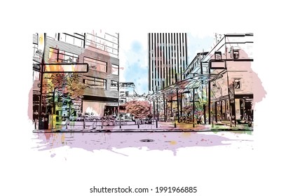 Building view with landmark of Greenville is a city in South Carolina. Watercolor splash with hand drawn sketch illustration in vector.