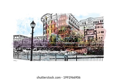 Building view with landmark of Greenville is a city in South Carolina. Watercolor splash with hand drawn sketch illustration in vector.