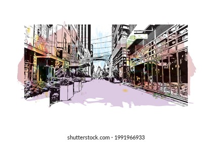 Building view with landmark of Greenville is a city in South Carolina. Watercolor splash with hand drawn sketch illustration in vector.