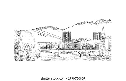 La vista de edificio con un punto de referencia de Grenoble es la 
ciudad de Francia. Dibujo a mano de ilustración de esbozo en vector.