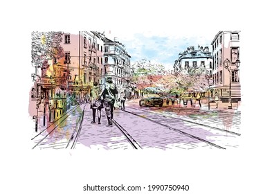 Building view with landmark of Grenoble is the 
city in France. Watercolor splash with hand drawn sketch illustration in vector.