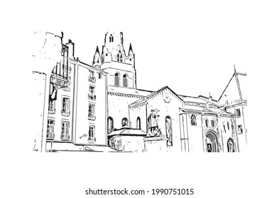 Building view with landmark of Grenoble is the 
city in France. Hand drawn sketch illustration in vector.
