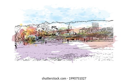 Der Blick auf das Gebäude mit Wahrzeichen von Grenoble ist der 
Stadt in Frankreich. Aquarellspritzer mit handgezeichneter Skizzengrafik in Vektorgrafik.