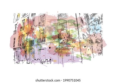Building view with landmark of Grenoble is the 
city in France. Watercolor splash with hand drawn sketch illustration in vector.