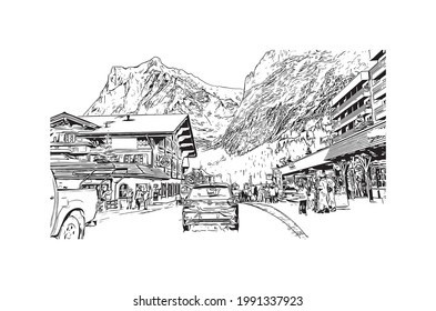 Building view with landmark of Grindelwald is the 
village in Switzerland. Hand drawn sketch illustration in vector.