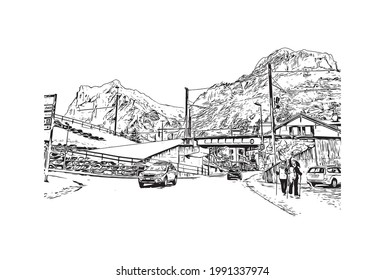 Building view with landmark of Grindelwald is the 
village in Switzerland. Hand drawn sketch illustration in vector.