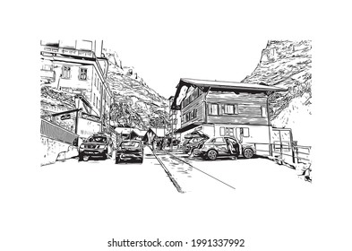 Building view with landmark of Grindelwald is the 
village in Switzerland. Hand drawn sketch illustration in vector.