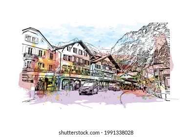 Building view with landmark of Grindelwald is the 
village in Switzerland. Watercolor splash with hand drawn sketch illustration in vector.