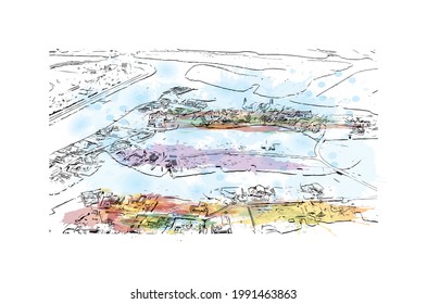 Building view with landmark of Groningen is a city in the northern Netherlands. Watercolor splash with hand drawn sketch illustration in vector.