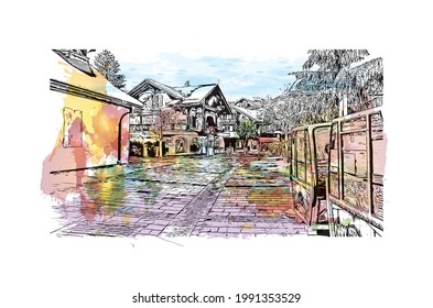 Building view with landmark of Gstaad is a town in Switzerland. watercolour splash with hand drawn sketch illustration in vector.