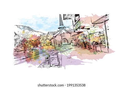 Building view with landmark of Gstaad is a town in Switzerland. watercolour splash with hand drawn sketch illustration in vector.