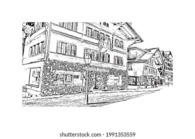 Building View With Landmark Of Gstaad Is A Town In Switzerland. Hand Drawn Sketch Illustration In Vector.