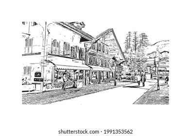 Building View With Landmark Of Gstaad Is A Town In Switzerland. Hand Drawn Sketch Illustration In Vector.