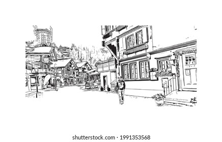 Building View With Landmark Of Gstaad Is A Town In Switzerland. Hand Drawn Sketch Illustration In Vector.