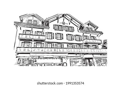 Building View With Landmark Of Gstaad Is A Town In Switzerland. Hand Drawn Sketch Illustration In Vector.