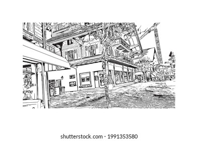 Building View With Landmark Of Gstaad Is A Town In Switzerland. Hand Drawn Sketch Illustration In Vector.