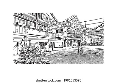 Building View With Landmark Of Gstaad Is A Town In Switzerland. Hand Drawn Sketch Illustration In Vector.