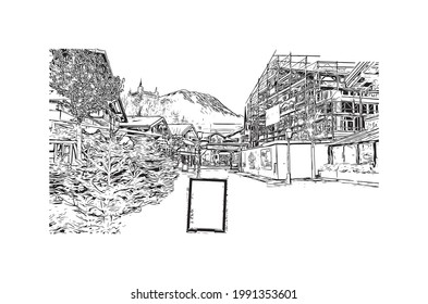 Building View With Landmark Of Gstaad Is A Town In Switzerland. Hand Drawn Sketch Illustration In Vector.