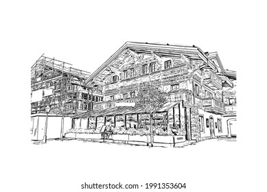 Building View With Landmark Of Gstaad Is A Town In Switzerland. Hand Drawn Sketch Illustration In Vector.