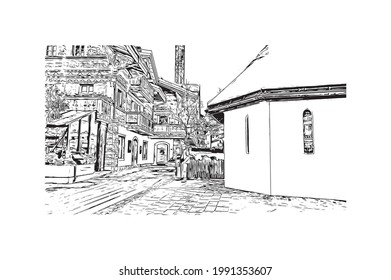 Building View With Landmark Of Gstaad Is A Town In Switzerland. Hand Drawn Sketch Illustration In Vector.